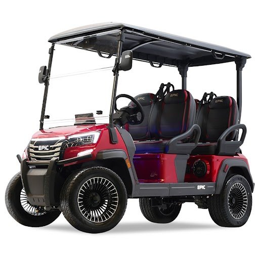 Professional driving Epic E40FX golf cart on a scenic Carolina golf Cart with lush greenery and smooth pathways