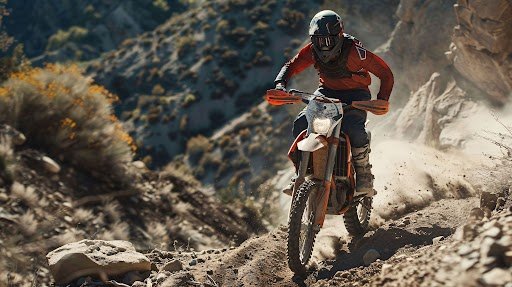 Rider navigating a rugged mountain trail on a dirt bike, kicking up dust and rocks while wearing protective gear, showcasing off-road performance and control in a natural landscape.