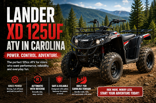 Black Lander XD 125UF ATV parked on a rugged dirt trail with mountains and forest in the background, showcasing a powerful 125cc quad designed for off-road adventure in Carolina.
