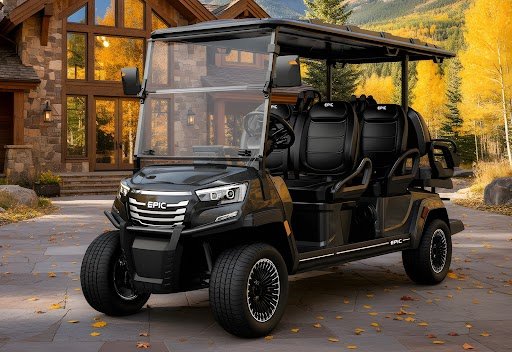 Epic E60FX 6 seater electric golf cart parked outdoors, showcasing modern design and premium build quality for family and neighborhood use in Carolina.