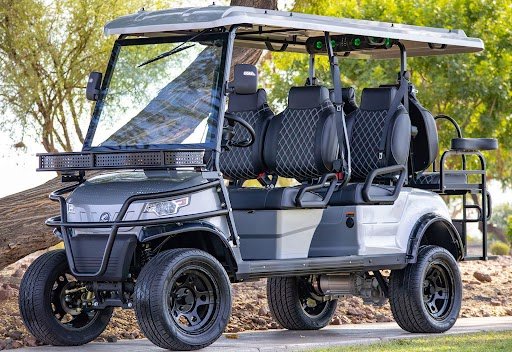 Epic E60L golf cart in Carolina with premium 6 seater design, lithium battery performance, street legal features, and modern electric cart styling parked outdoors.